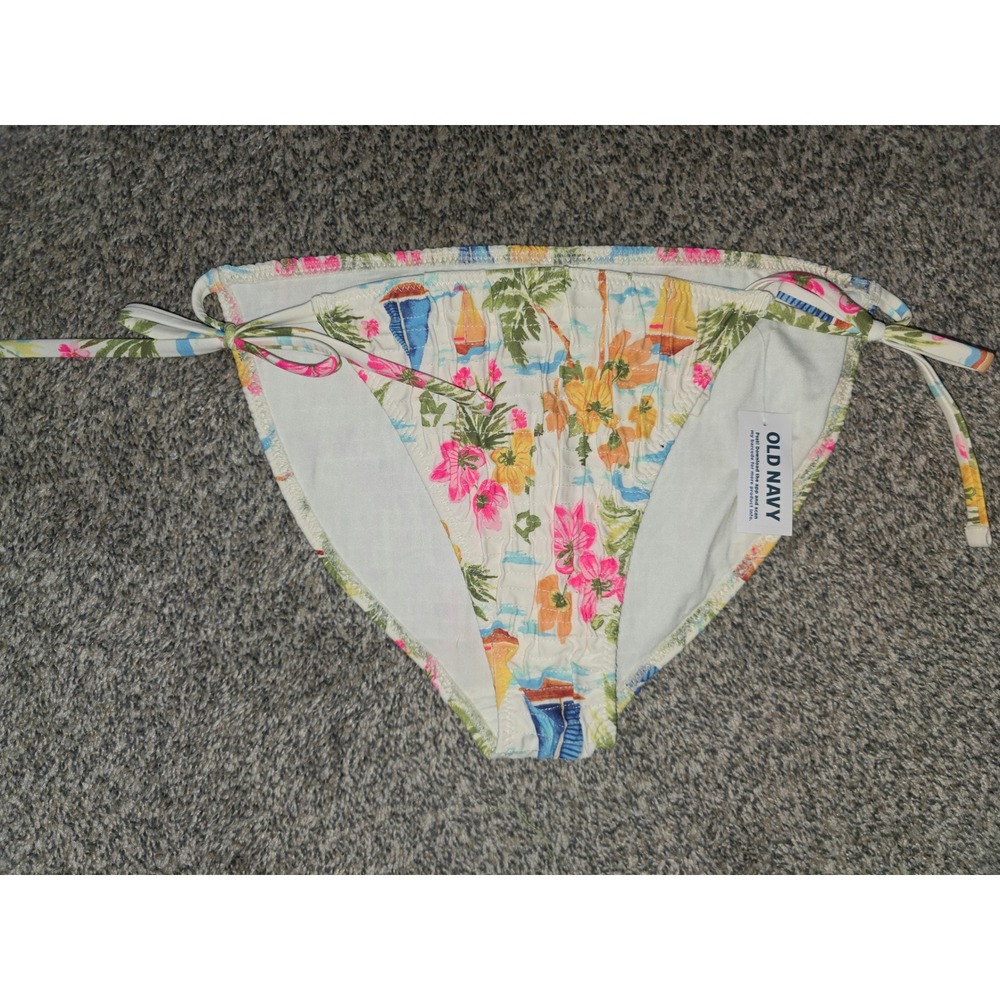 Old Navy Tropical Beach Print Side Tie Bikini Bottom Small Smocked Seersucker